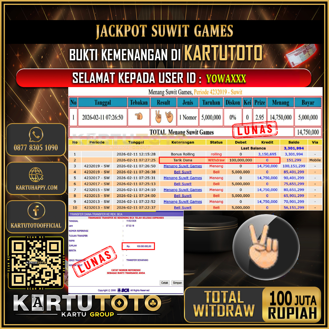 KARTUTOTO JACKPOT LIVE GAME SUWIT GAMES Rp.100.000.000,- LUNAS USER ID :  YOWA***‎ ‎ ‎ 